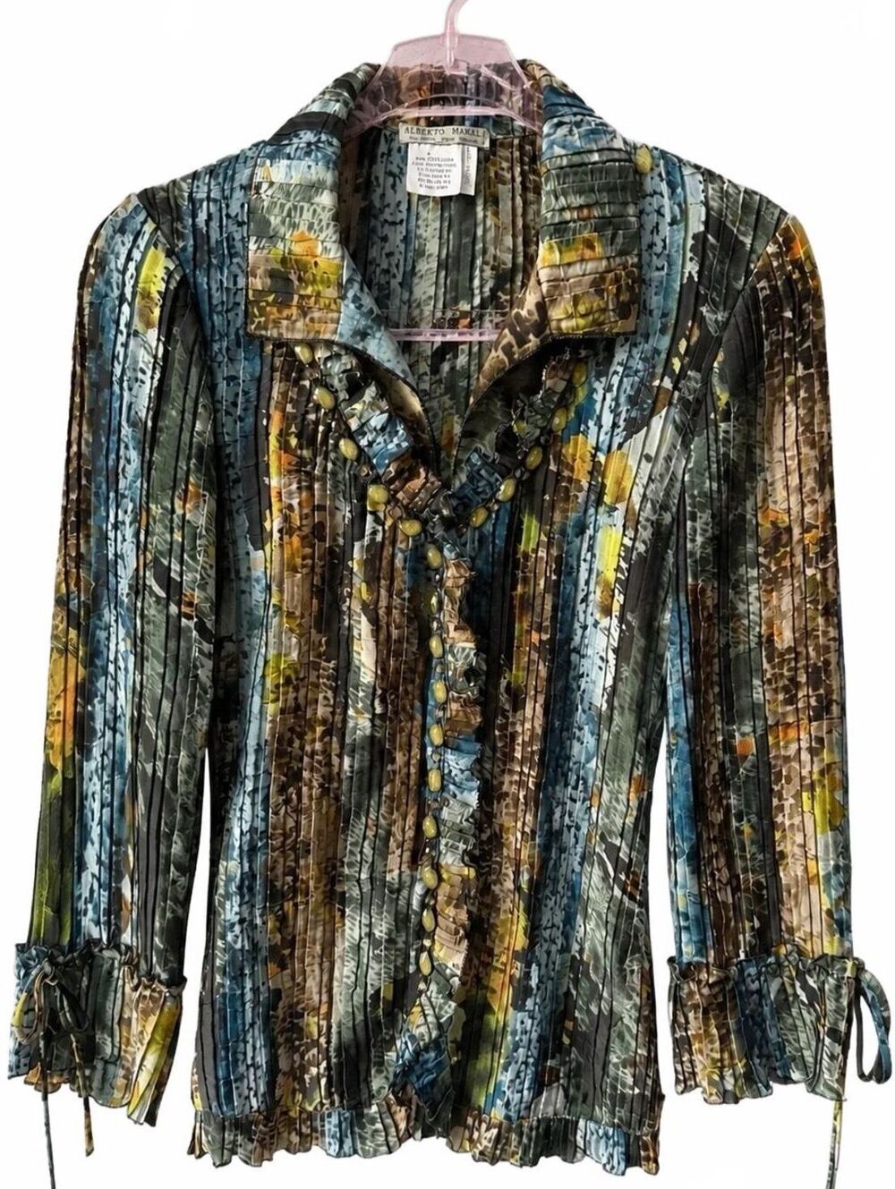 Alberto Makali Multicolor Crinkle Plisse Button-Down Shirt (L)